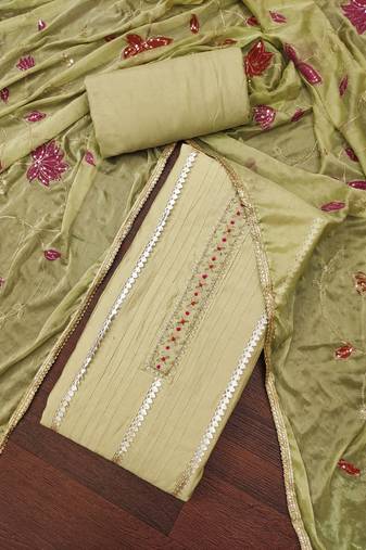 Women's olive premium roman cotton embroidered unstitched dress material