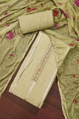 Women's olive premium roman cotton embroidered unstitched dress material