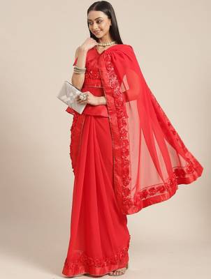 red designer ribbon work georgette saree with blouse 1