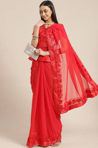 red designer ribbon work georgette saree with blouse