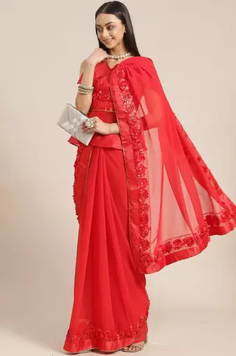 red designer ribbon work georgette saree with blouse