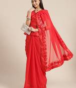 red designer ribbon work georgette saree with blouse