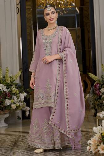 Tansu rose light lavender embroidered cotton kurta sets