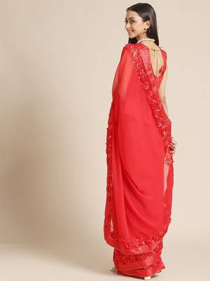 red designer ribbon work georgette saree with blouse 2