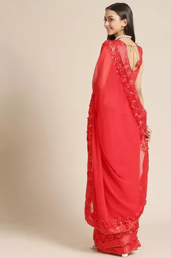 red designer ribbon work georgette saree with blouse