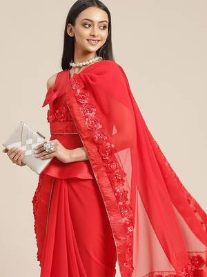 red designer ribbon work georgette saree with blouse 3