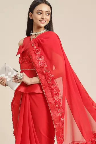 red designer ribbon work georgette saree with blouse