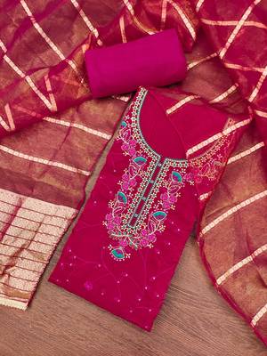 Women's magenta silk embroidered unstitched dress material 1
