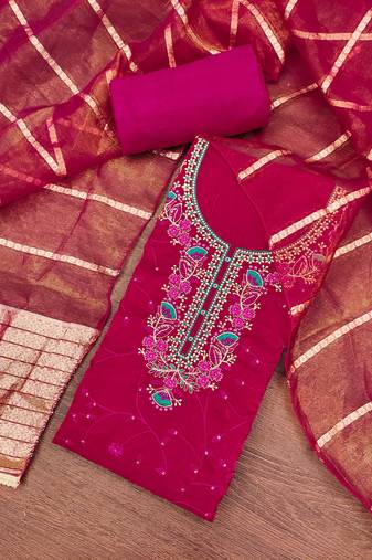 Women's magenta silk embroidered unstitched dress material