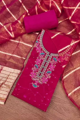 Women's magenta silk embroidered unstitched dress material
