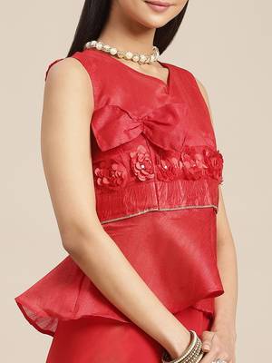 red designer ribbon work georgette saree with blouse 5