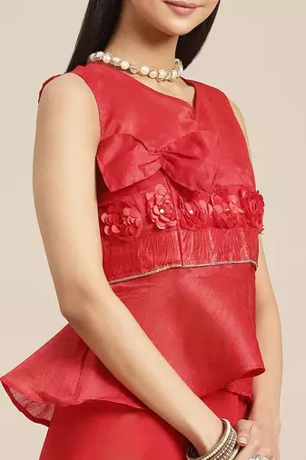 red designer ribbon work georgette saree with blouse