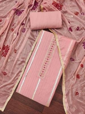 Women's peach premium roman cotton embroidered unstitched dress material 1