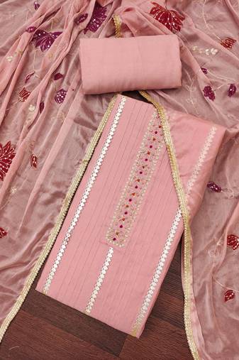 Women's peach premium roman cotton embroidered unstitched dress material