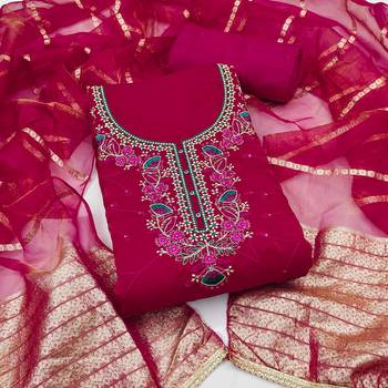 Women's magenta silk embroidered unstitched dress material 2