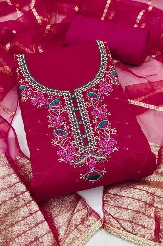 Women's magenta silk embroidered unstitched dress material