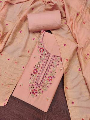 Women's peach jam cotton embroidered handwork unstitched dress material 1