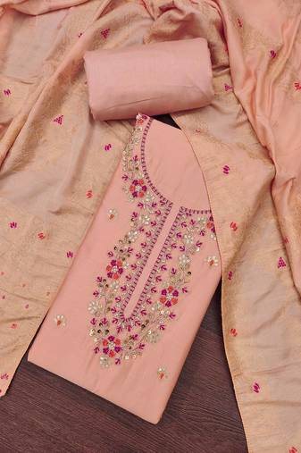 Women's peach jam cotton embroidered handwork unstitched dress material