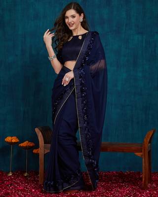 navy blue designer ribbon work georgette saree with blouse 1