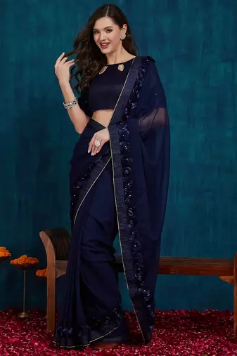 navy blue designer ribbon work georgette saree with blouse