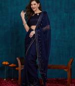 navy blue designer ribbon work georgette saree with blouse