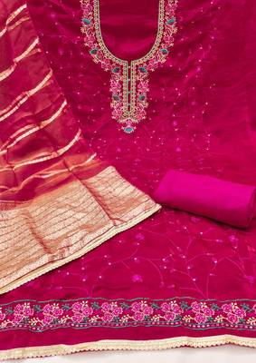 Women's magenta silk embroidered unstitched dress material 3