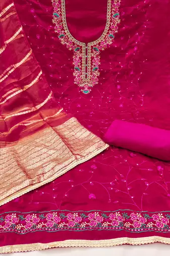 Women's magenta silk embroidered unstitched dress material