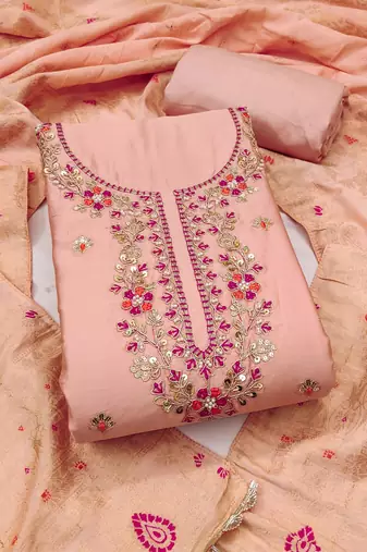 Women's peach jam cotton embroidered handwork unstitched dress material