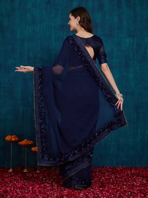 navy blue designer ribbon work georgette saree with blouse 2
