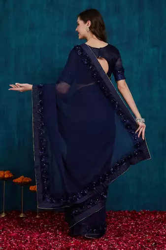 navy blue designer ribbon work georgette saree with blouse