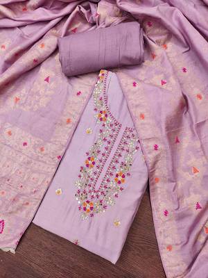 Women's lavender jam cotton embroidered handwork unstitched dress material 1