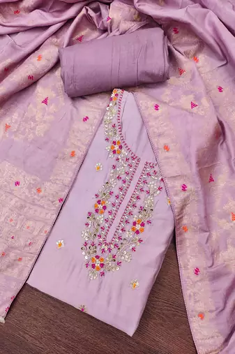 Women's lavender jam cotton embroidered handwork unstitched dress material