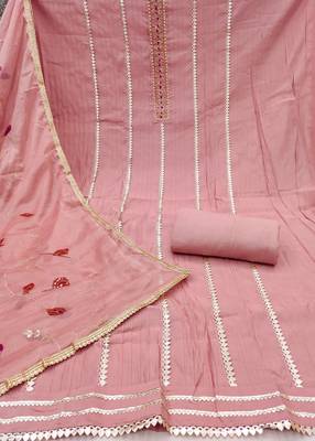 Women's peach premium roman cotton embroidered unstitched dress material 3