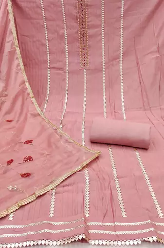 Women's peach premium roman cotton embroidered unstitched dress material