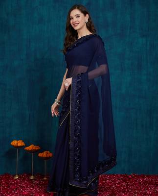 navy blue designer ribbon work georgette saree with blouse 3