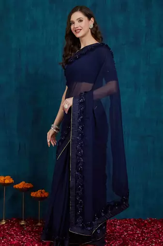navy blue designer ribbon work georgette saree with blouse
