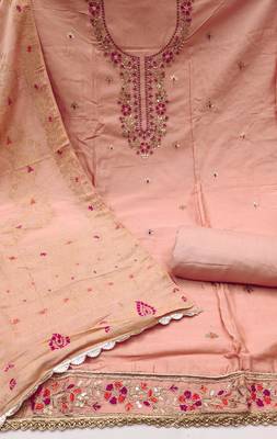Women's peach jam cotton embroidered handwork unstitched dress material 3