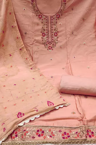 Women's peach jam cotton embroidered handwork unstitched dress material