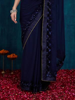 navy blue designer ribbon work georgette saree with blouse 4