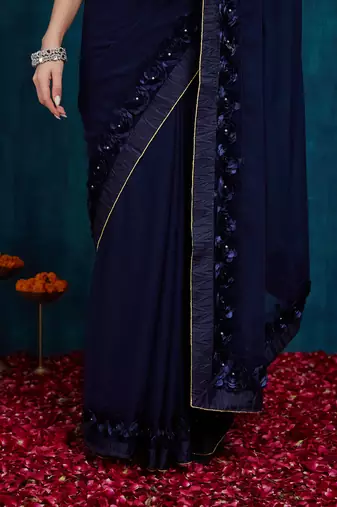 navy blue designer ribbon work georgette saree with blouse