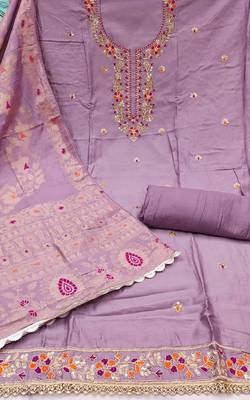 Women's lavender jam cotton embroidered handwork unstitched dress material 3