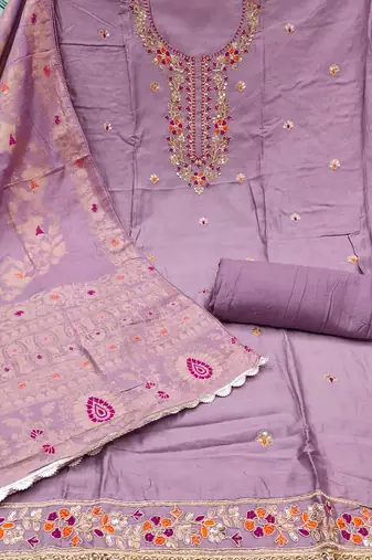 Women's lavender jam cotton embroidered handwork unstitched dress material