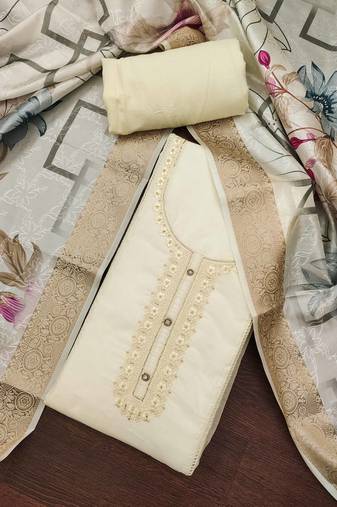 Women's cream  organza embroidered handwork unstitched dress material