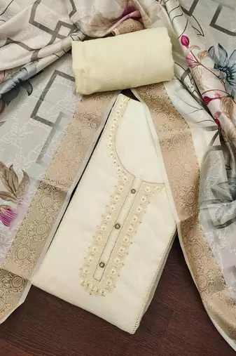 Women's cream  organza embroidered handwork unstitched dress material