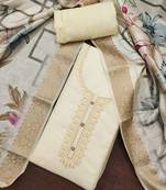 Women's cream  organza embroidered handwork unstitched dress material