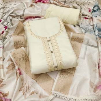 Women's cream organza embroidered handwork unstitched dress material 2