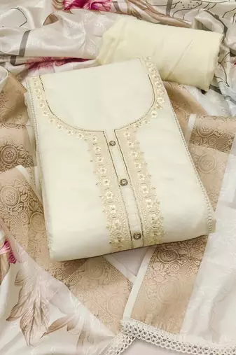Women's cream  organza embroidered handwork unstitched dress material
