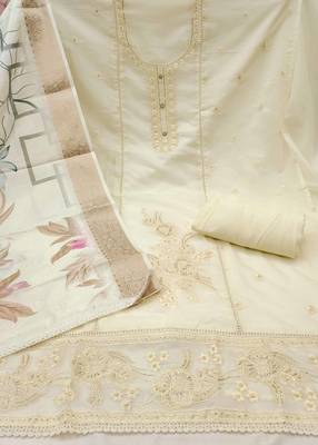 Women's cream organza embroidered handwork unstitched dress material 3