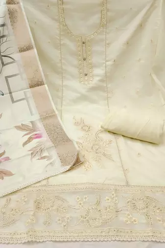 Women's cream  organza embroidered handwork unstitched dress material