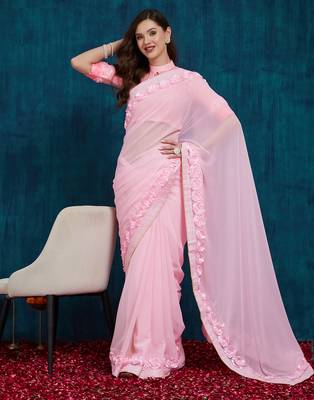 pink designer ribbon work georgette saree with blouse 1